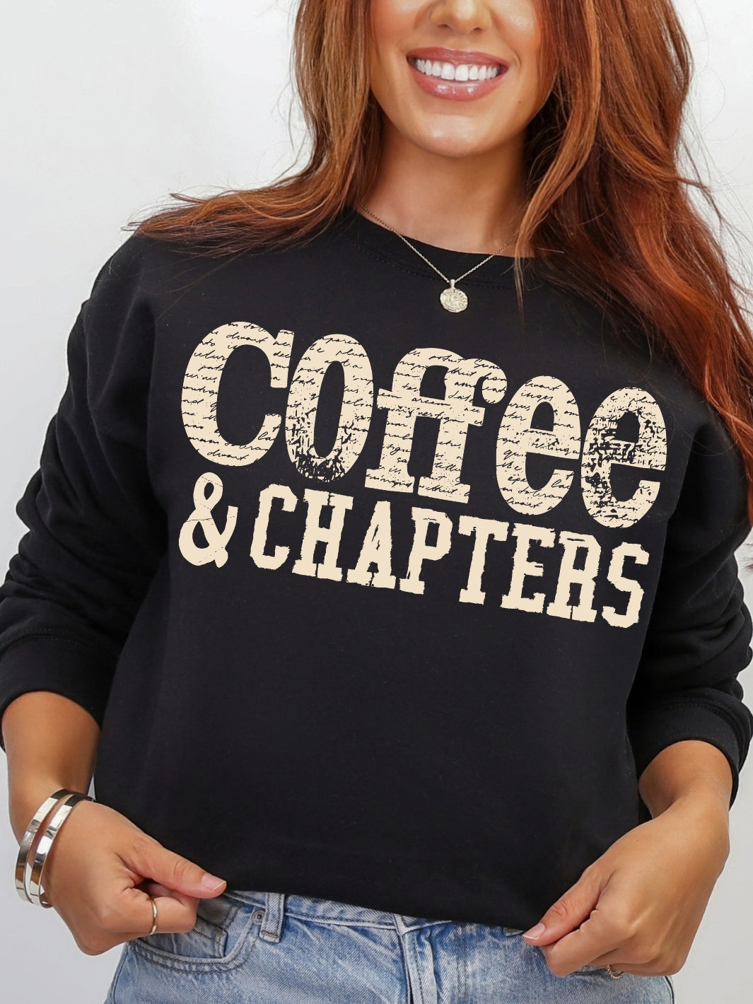 Retro Coffee &amp; Chapters Vintage Graphic Crewneck Sweatshirt