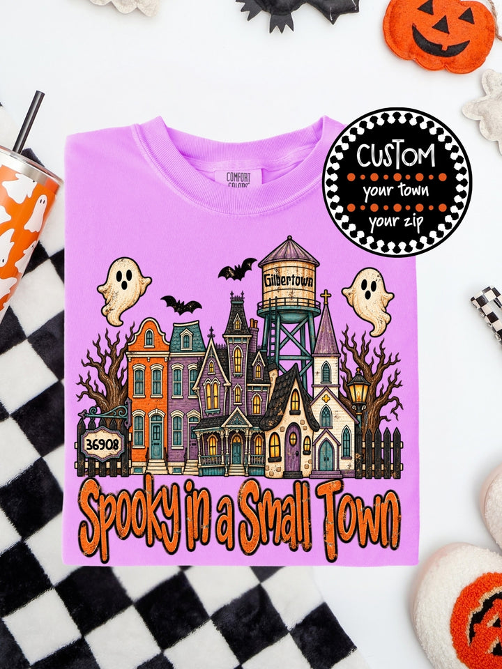 Personalized Retro Spooky In a Small Town Comfort Colors Graphic Tee