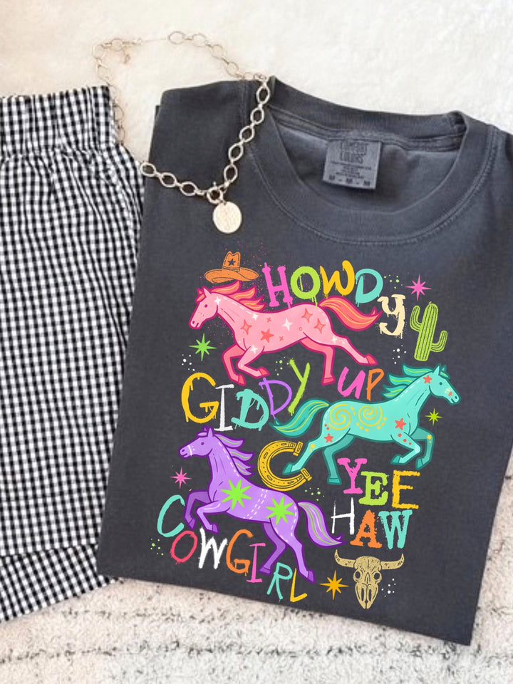 Retro Neon Howdy Giddy Up Comfort Colors Graphic Tee