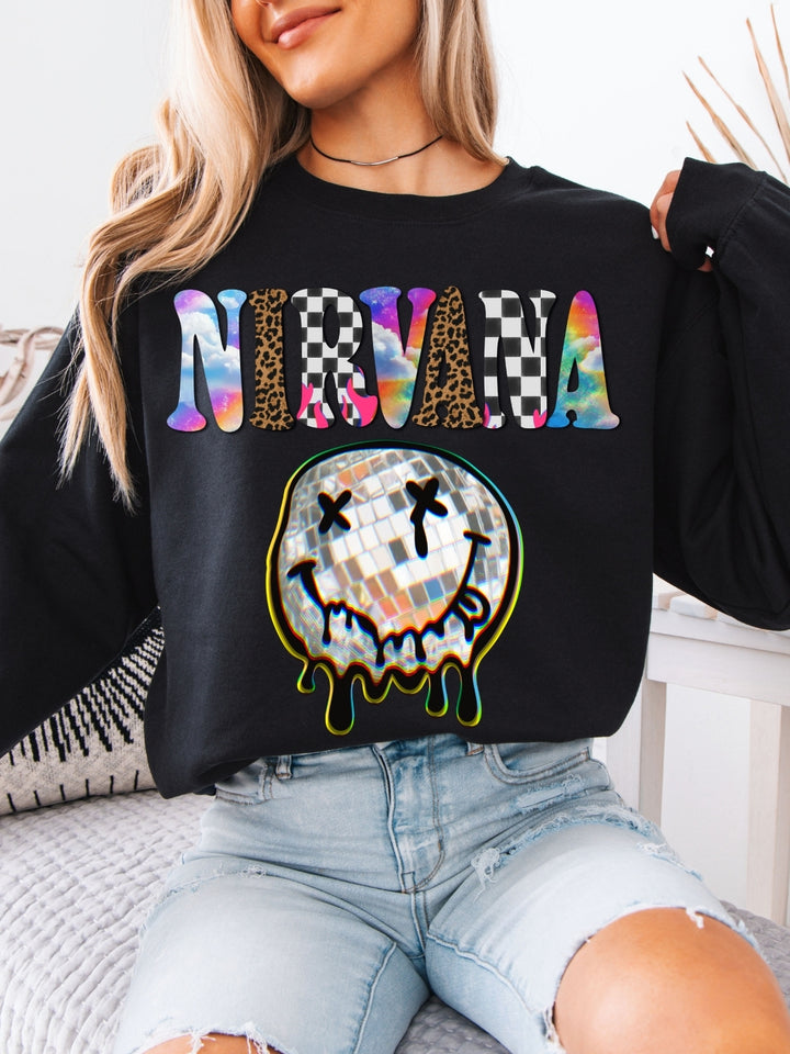 Retro Rock Vibes Grunge Smiley Face Graphic Crewneck Sweatshirt