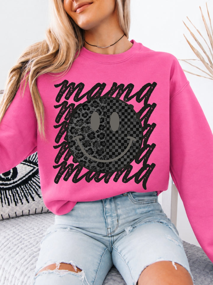 Retro Mama Black Leopard Grunge Smiley Face Graphic Crewneck Sweatshirt
