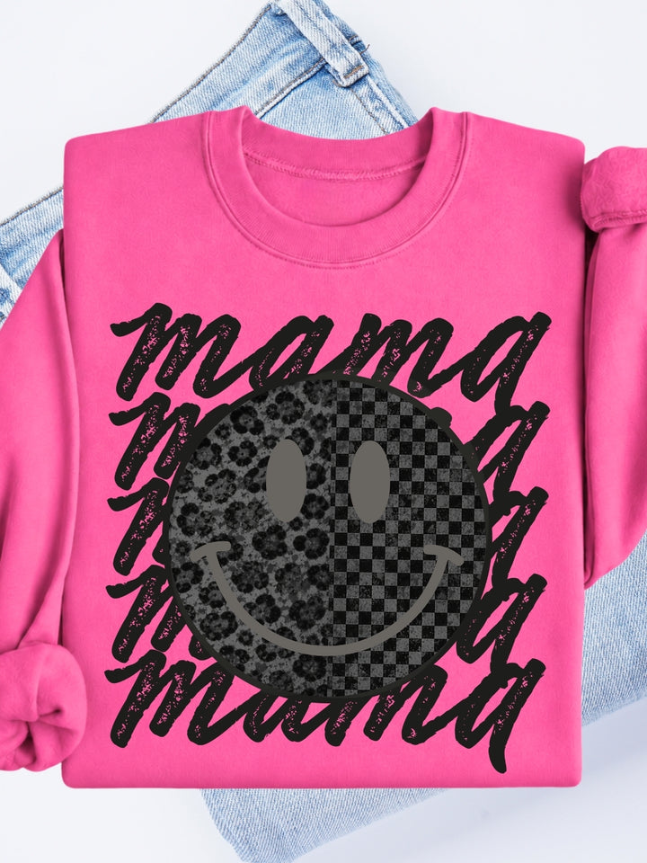 Retro Mama Black Leopard Grunge Smiley Face Graphic Crewneck Sweatshirt