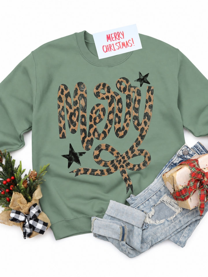 Merry Leopard Bow and Star Christmas Graphic Crewneck Sweatshirt