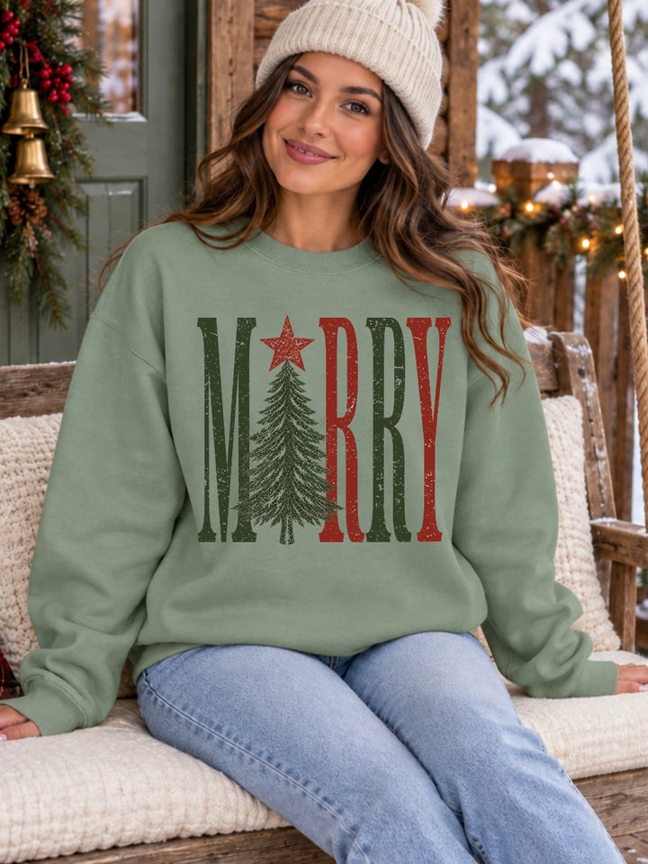 Merry Christmas Tree Graphic Crewneck Sweatshirt