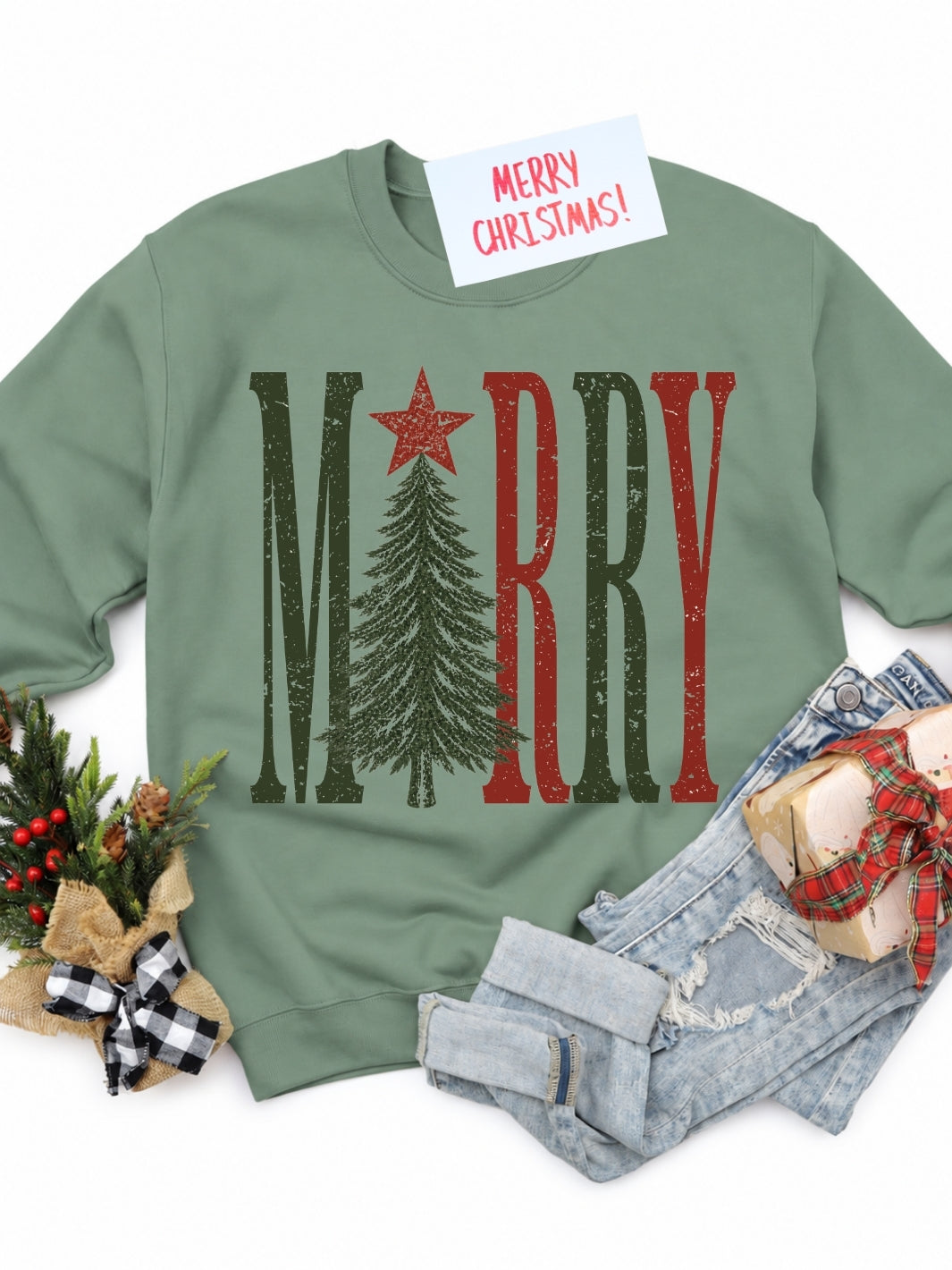 Merry Christmas Tree Graphic Crewneck Sweatshirt