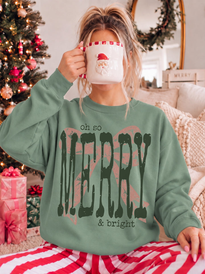 Merry And Bright Bow Graphic Crewneck Sweatshirt
