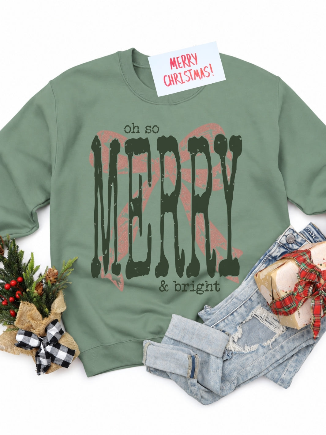 Merry And Bright Bow Graphic Crewneck Sweatshirt