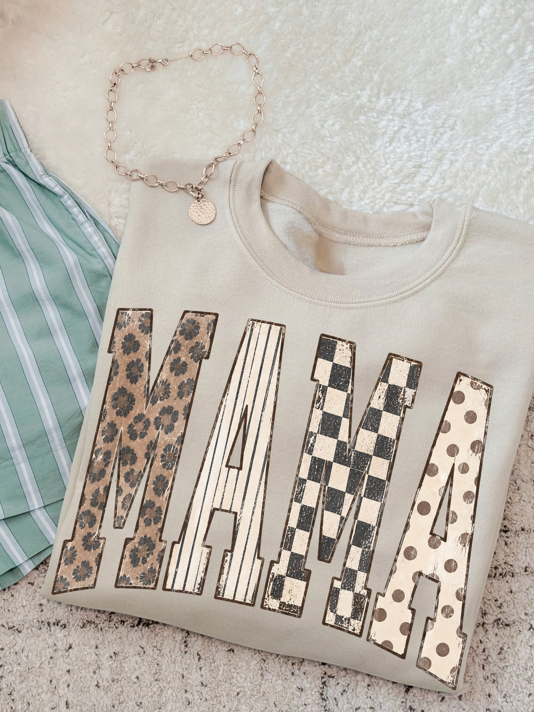 Retro MAMA Leopard Polka Dot Combo Graphic Crewneck Sweatshirt