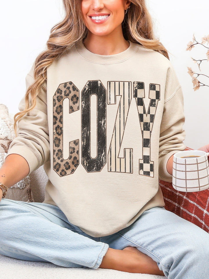 Retro Cozy Leopard Checkered Combo Distressed Graphic Crewneck Sweatshirt