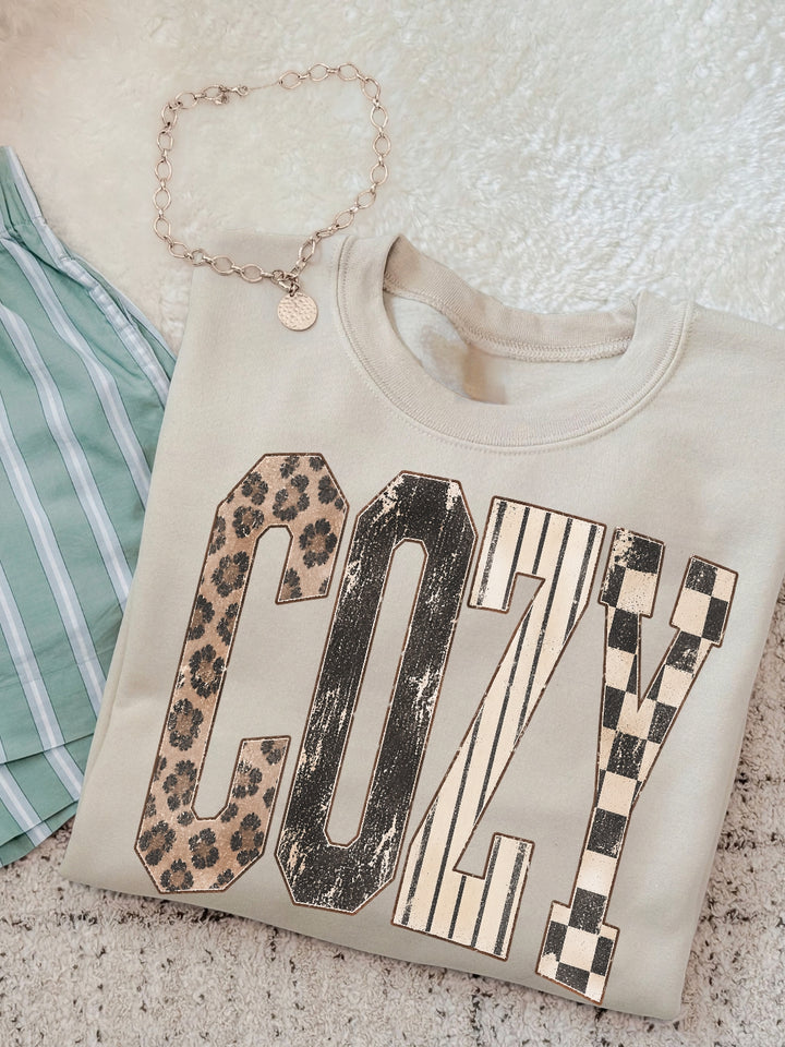 Retro Cozy Leopard Checkered Combo Distressed Graphic Crewneck Sweatshirt