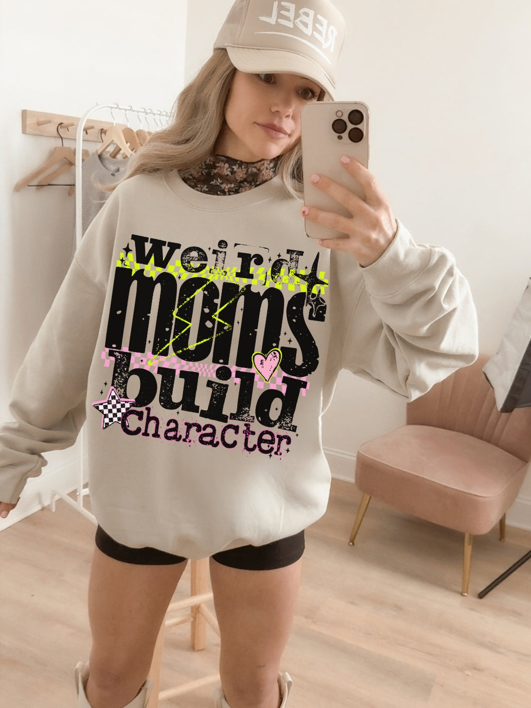 Retro Weird Moms Build Character Graphic Crewneck Sweatshirt