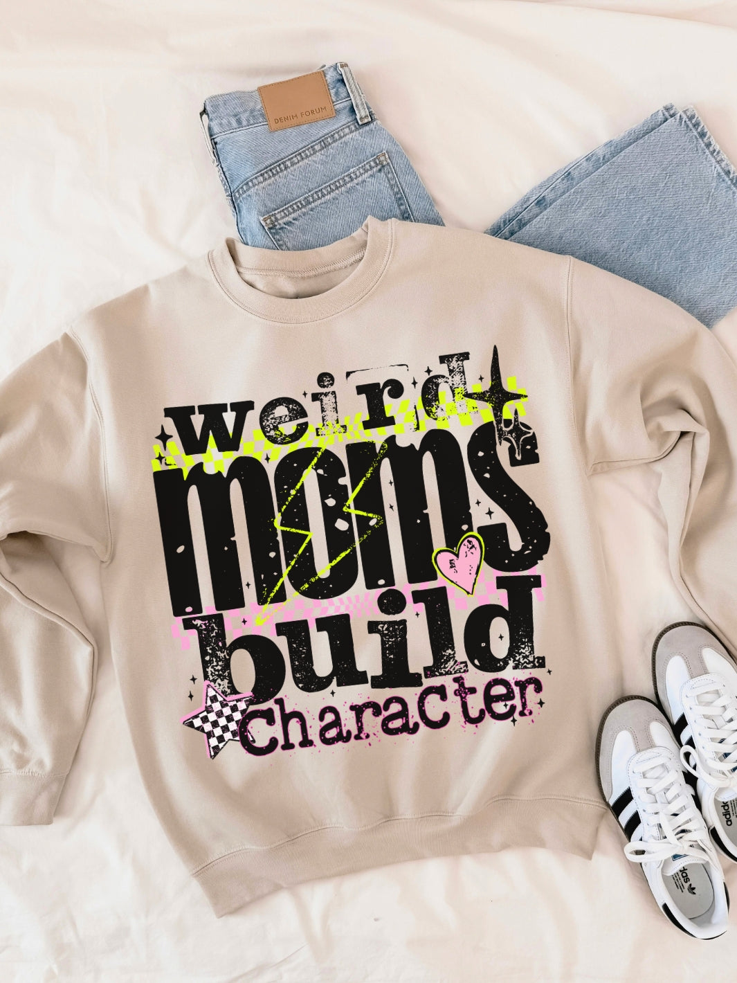 Retro Weird Moms Build Character Graphic Crewneck Sweatshirt