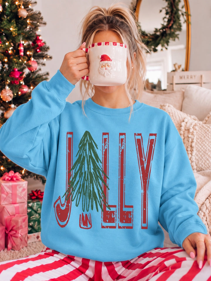 Jolly Christmas Tree Retro Holiday Graphic Crewneck Sweatshirt