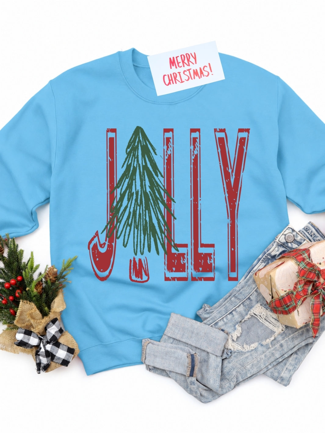 Jolly Christmas Tree Retro Holiday Graphic Crewneck Sweatshirt