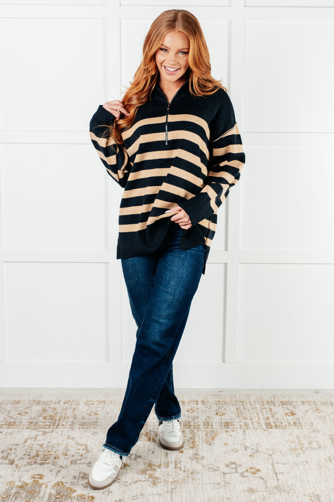 One Eleven North Well Situated Striped Quarter Zip Sweater in Black and Tan