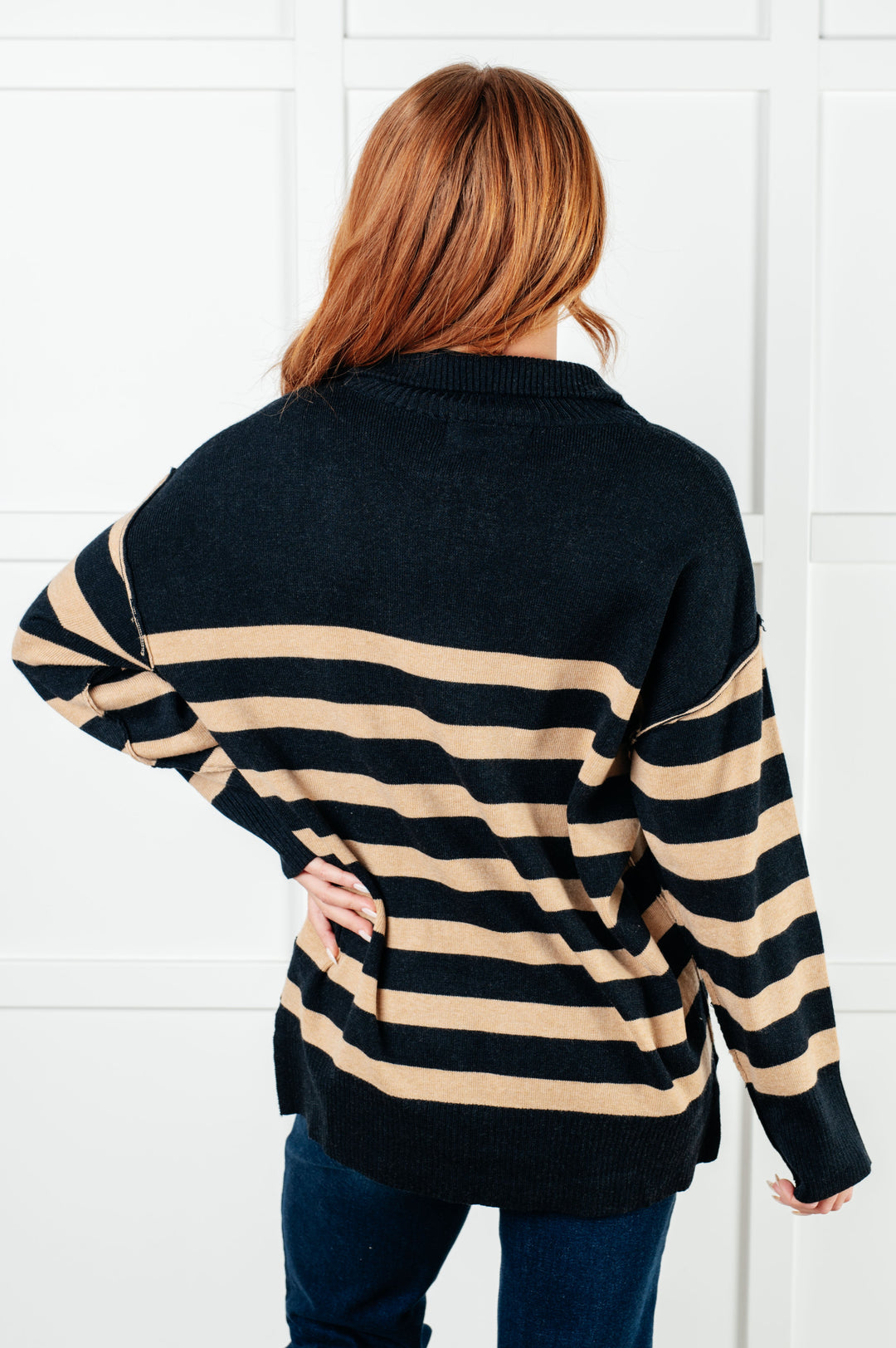 One Eleven North Well Situated Striped Quarter Zip Sweater in Black and Tan