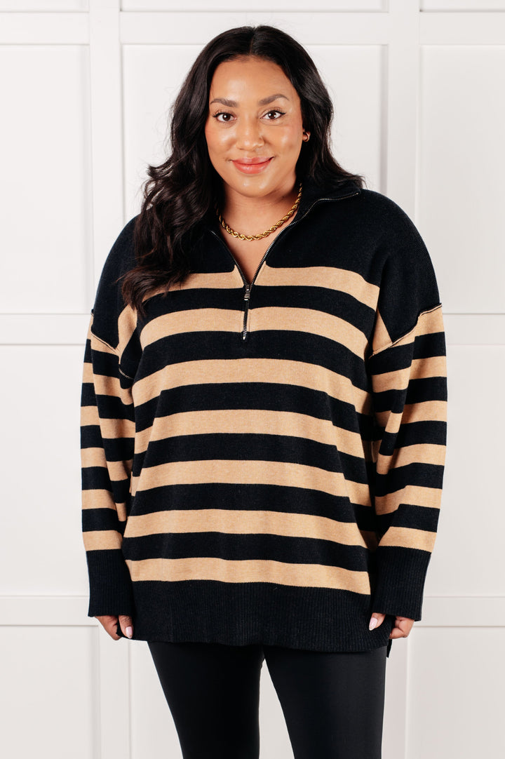 One Eleven North Well Situated Striped Quarter Zip Sweater in Black and Tan