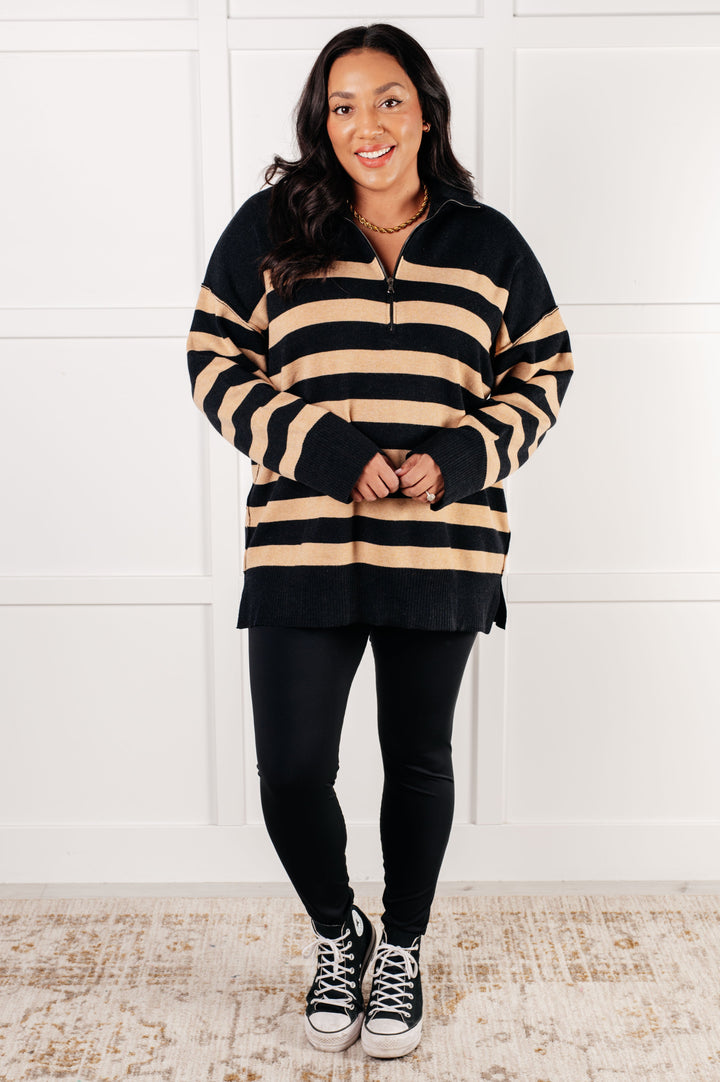 One Eleven North Well Situated Striped Quarter Zip Sweater in Black and Tan