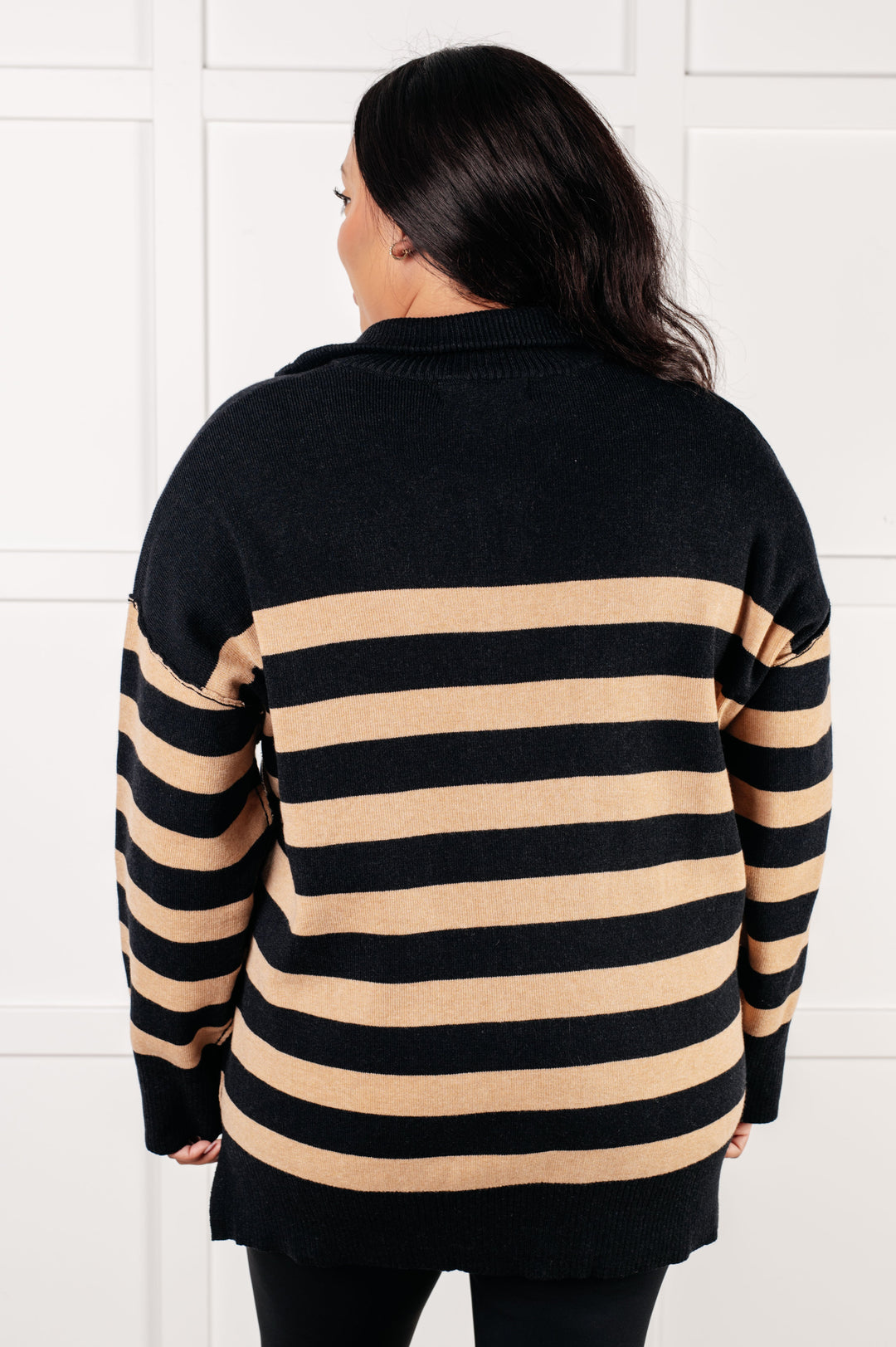 One Eleven North Well Situated Striped Quarter Zip Sweater in Black and Tan