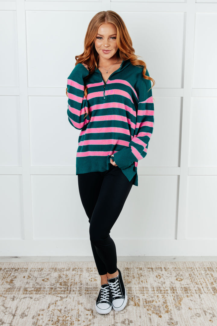 One Eleven North Well Situated Striped Quarter Zip Sweater in Green and Pink