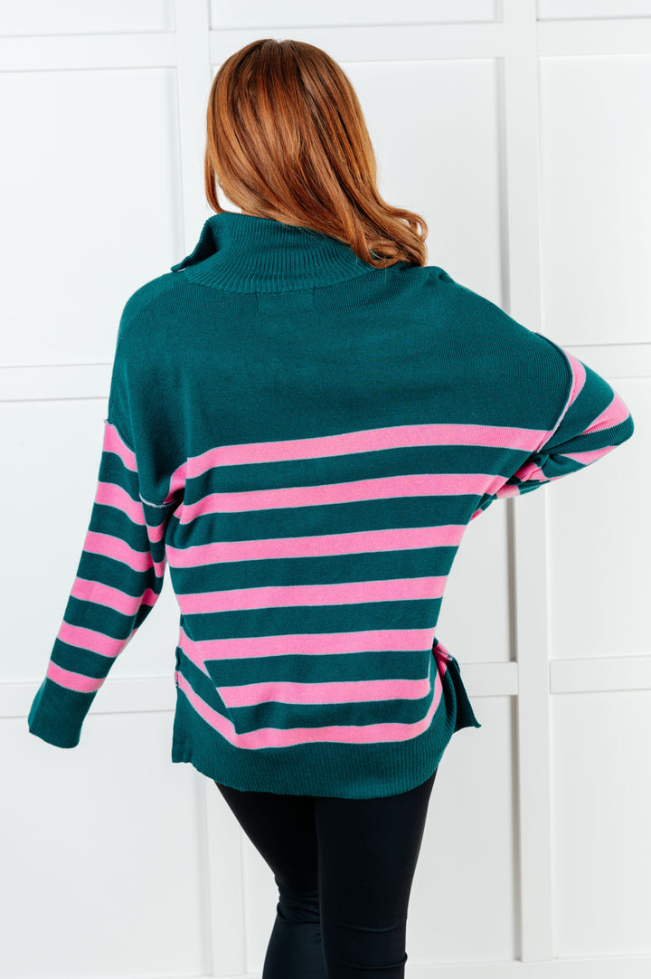 One Eleven North Well Situated Striped Quarter Zip Sweater in Green and Pink