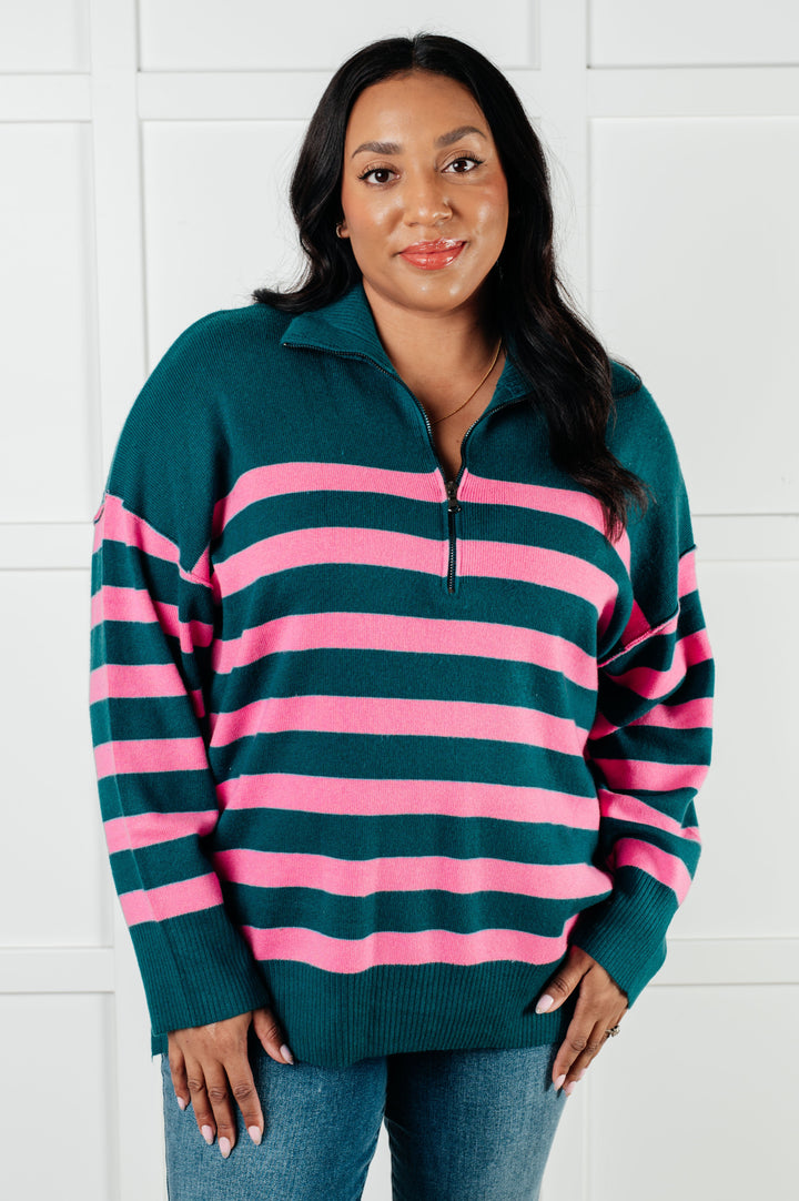 One Eleven North Well Situated Striped Quarter Zip Sweater in Green and Pink