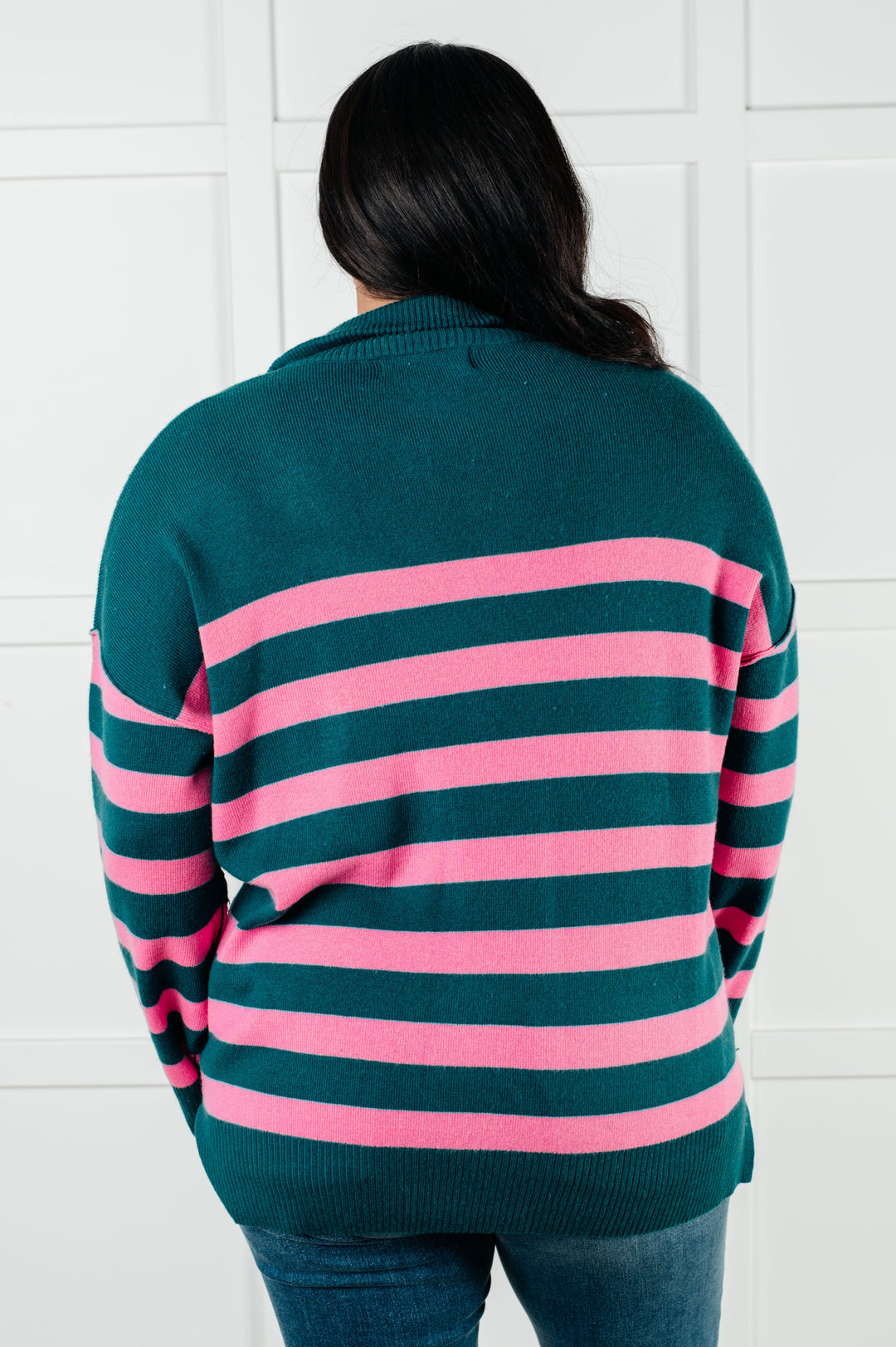 One Eleven North Well Situated Striped Quarter Zip Sweater in Green and Pink