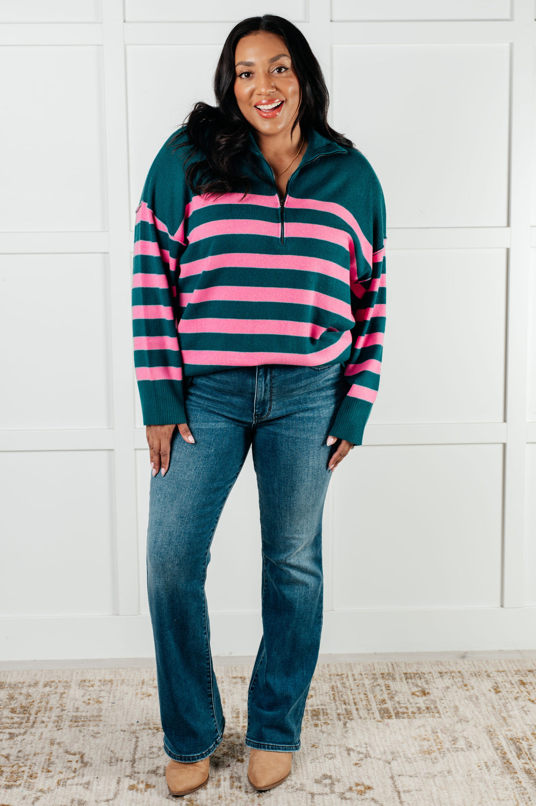 One Eleven North Well Situated Striped Quarter Zip Sweater in Green and Pink