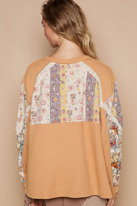 POL Waffle-Knit Lace Detail Top In Sherbet