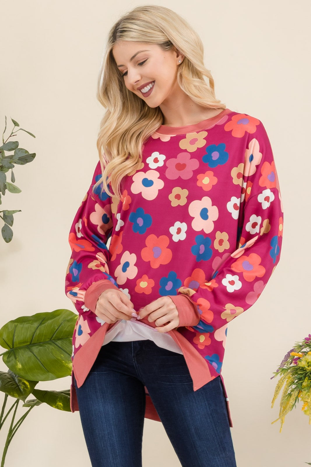 Celeste Side Slit Flower Print Top In Fuchsia