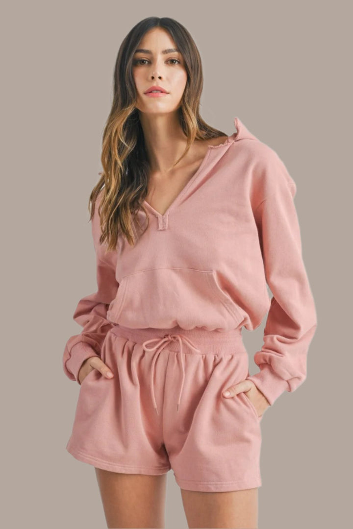 MABLE French Terry Hooded Romper In Dusty Mauve