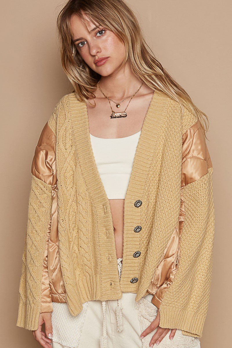 POL Quilting Patch Button Up Cable Knit Jacket In Camel