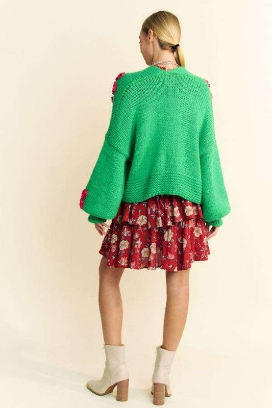 Davi & Dani Floral Applique Cardigan In Green