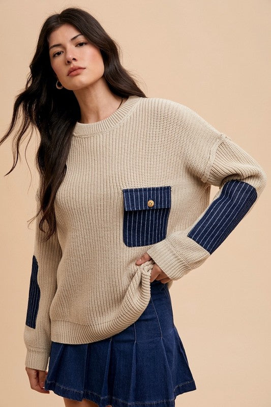 Annie Wear Sweater with Patch Pocket In Khaki