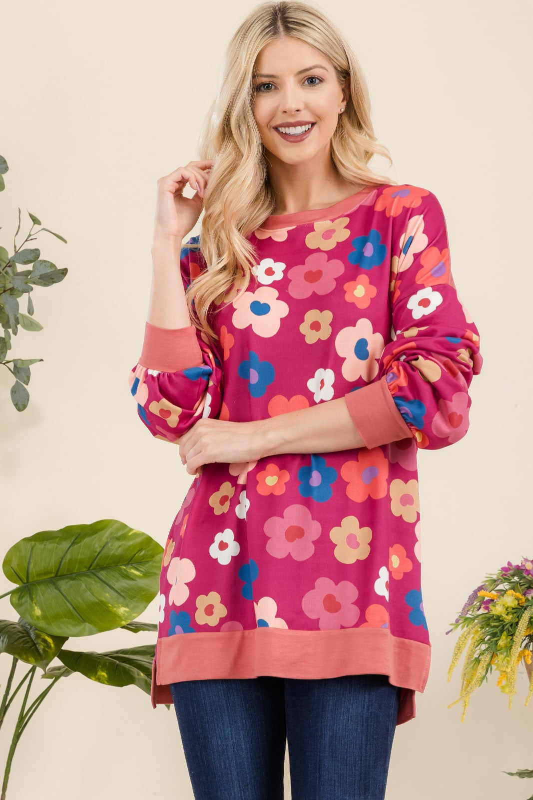 Celeste Side Slit Flower Print Top In Fuchsia