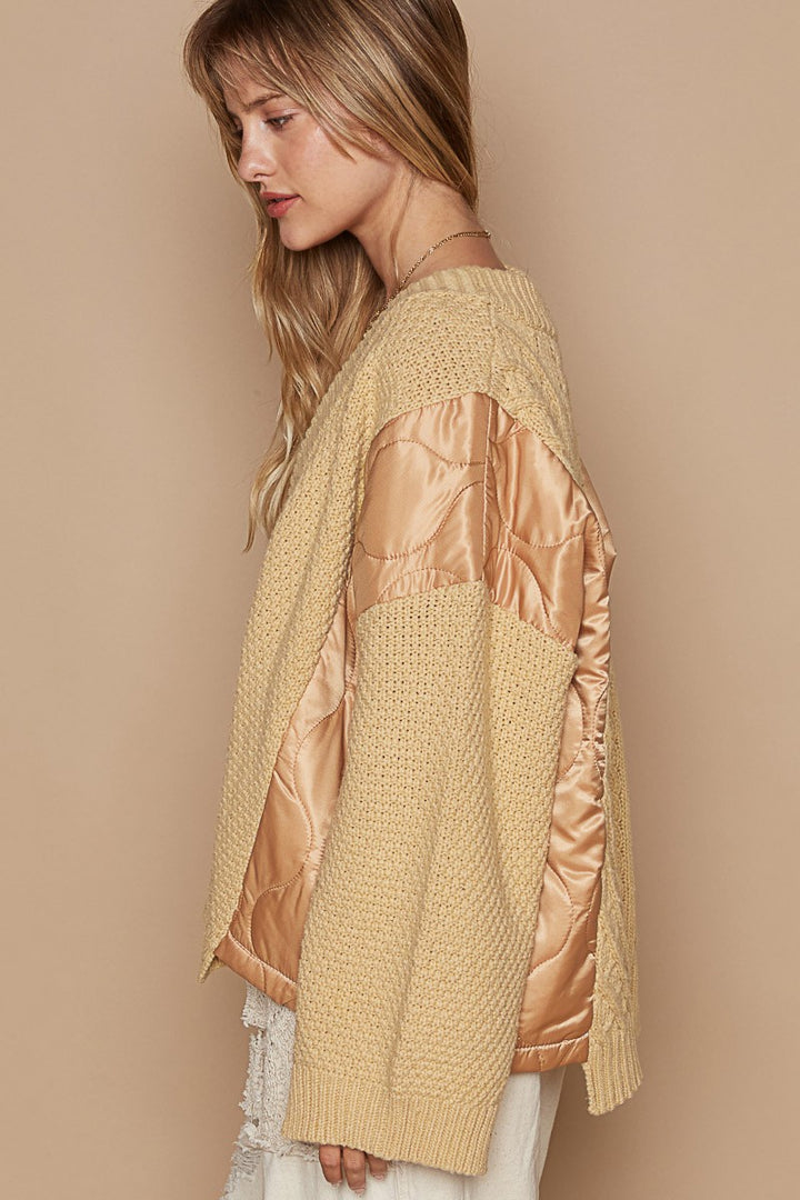 POL Quilting Patch Button Up Cable Knit Jacket In Camel