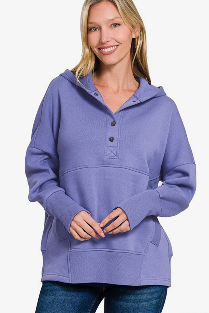 Zenana Half Snap Hoodie with Kangaroo Pocket In Blue Purple