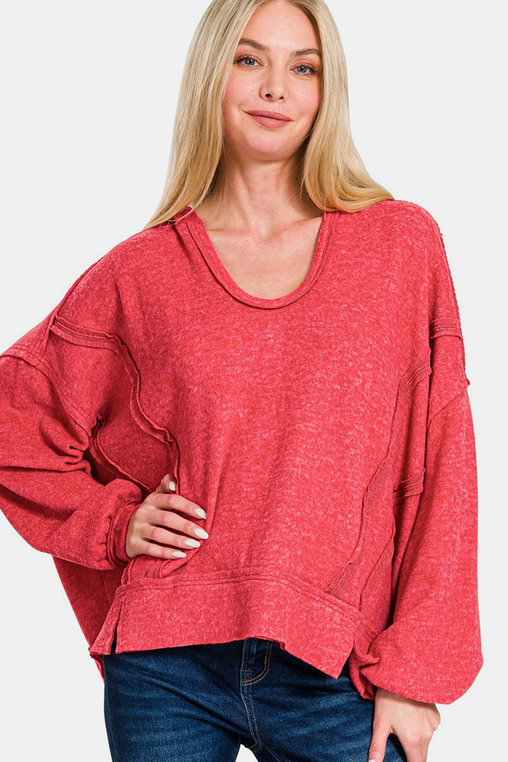 Zenana Brushed Hacci Exposed Seam Hoodie In Red