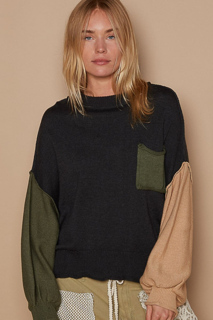 POL Color Block Roll Hem Hacci Sweater In Black