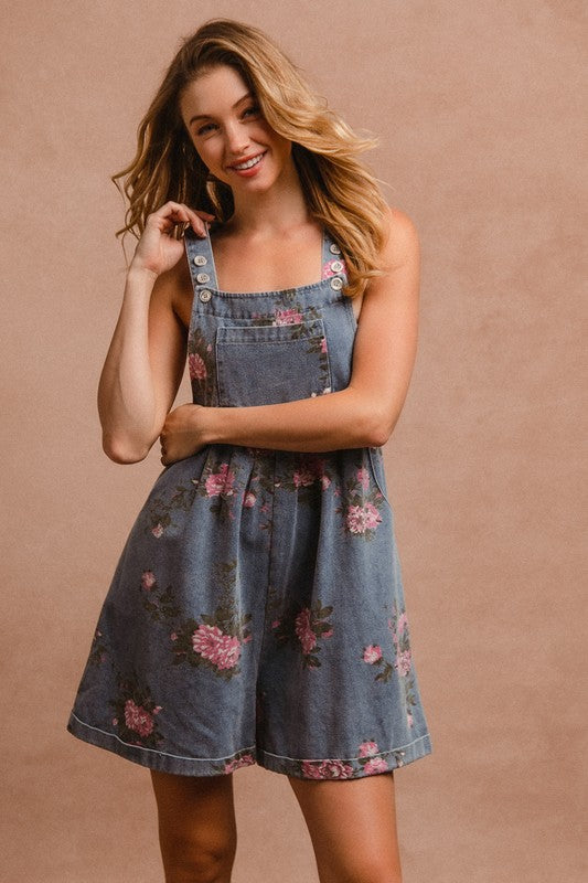 BiBi Flower Printed Wide Strap Denim Overalls In Dark Wash