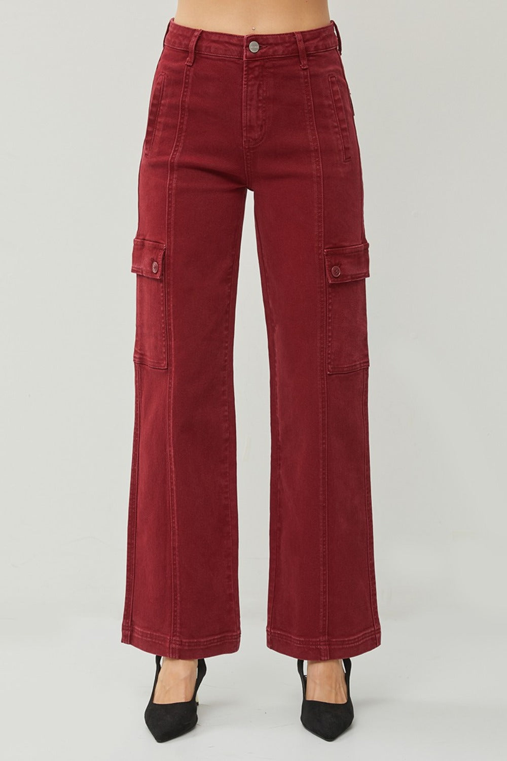 RISEN High Rise Wide Leg Cargo Jeans In Wine