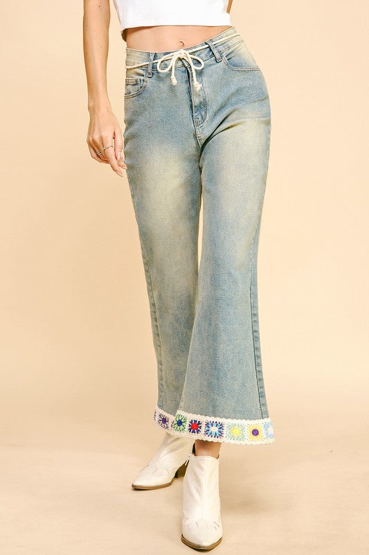 Davi & Dani Crochet Trim Flare Jeans In Light