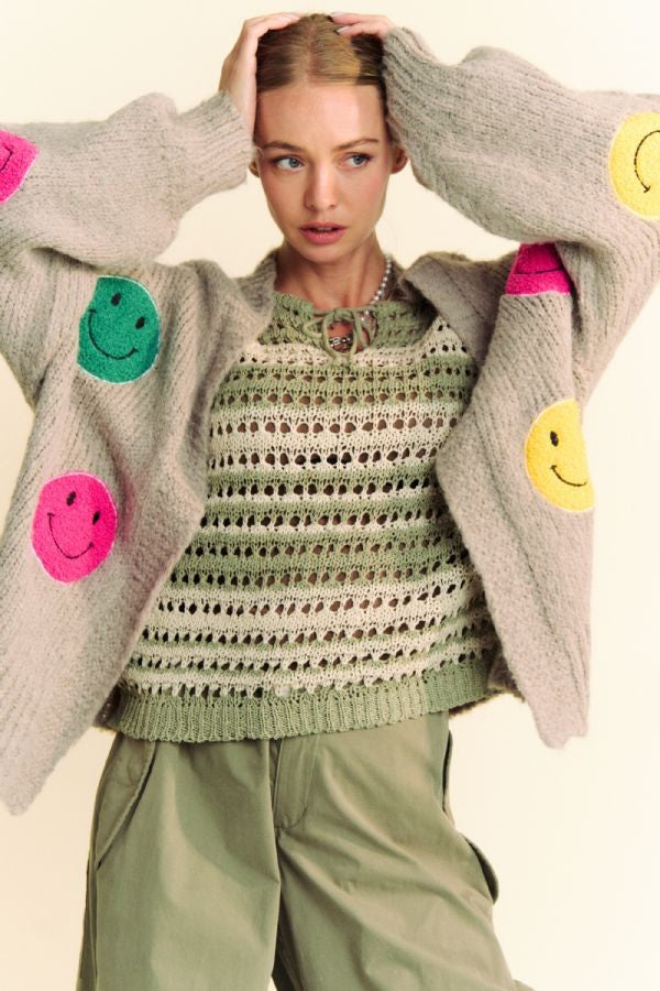 Davi & Dani Fuzzy Smile Cardigan In Gray