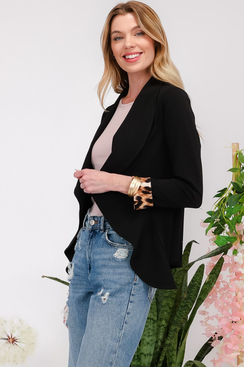 Leopard Cuff Open Front Blazer In Black