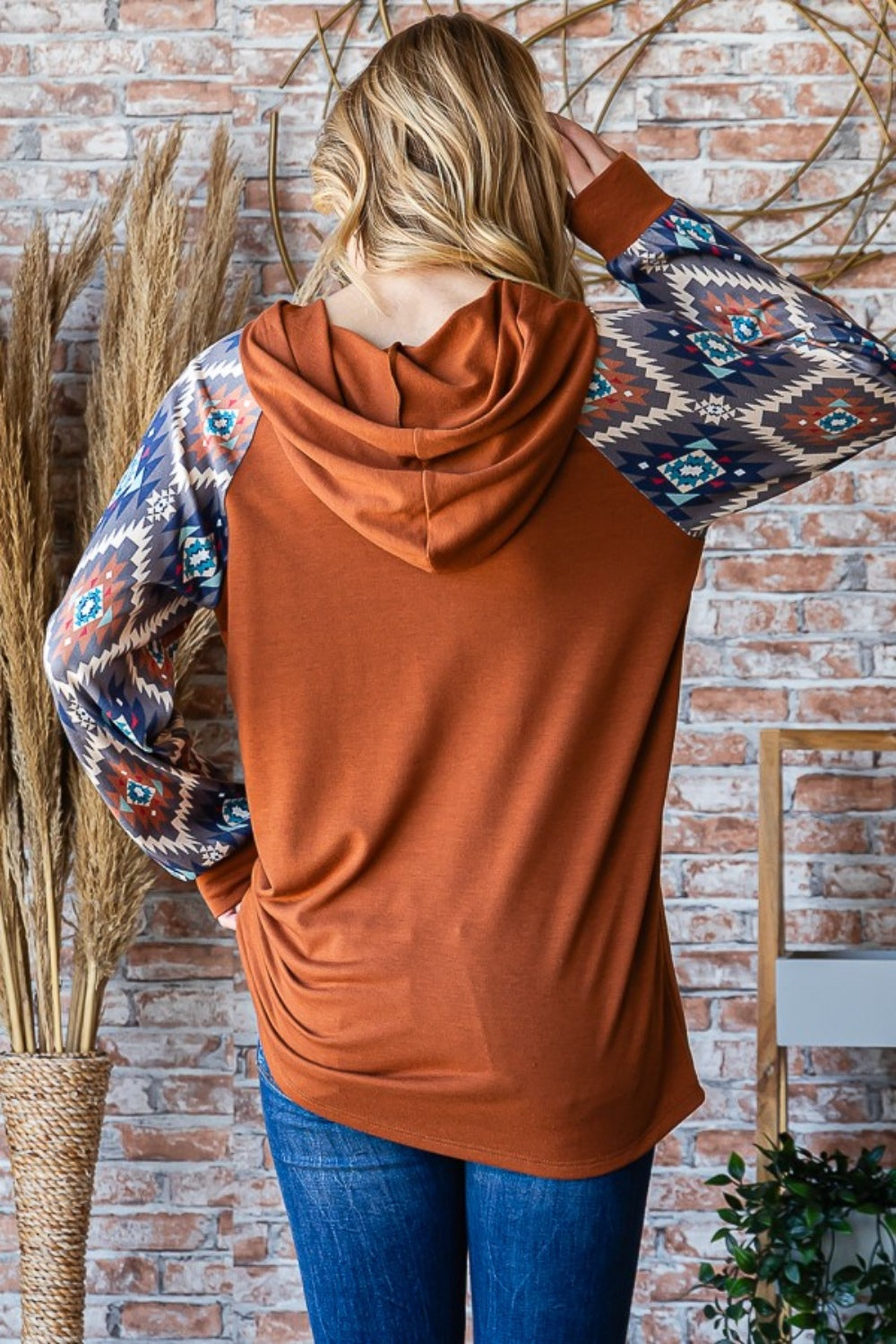 Heimish Half Button Printed Long Sleeve Hooded Top In Mocha