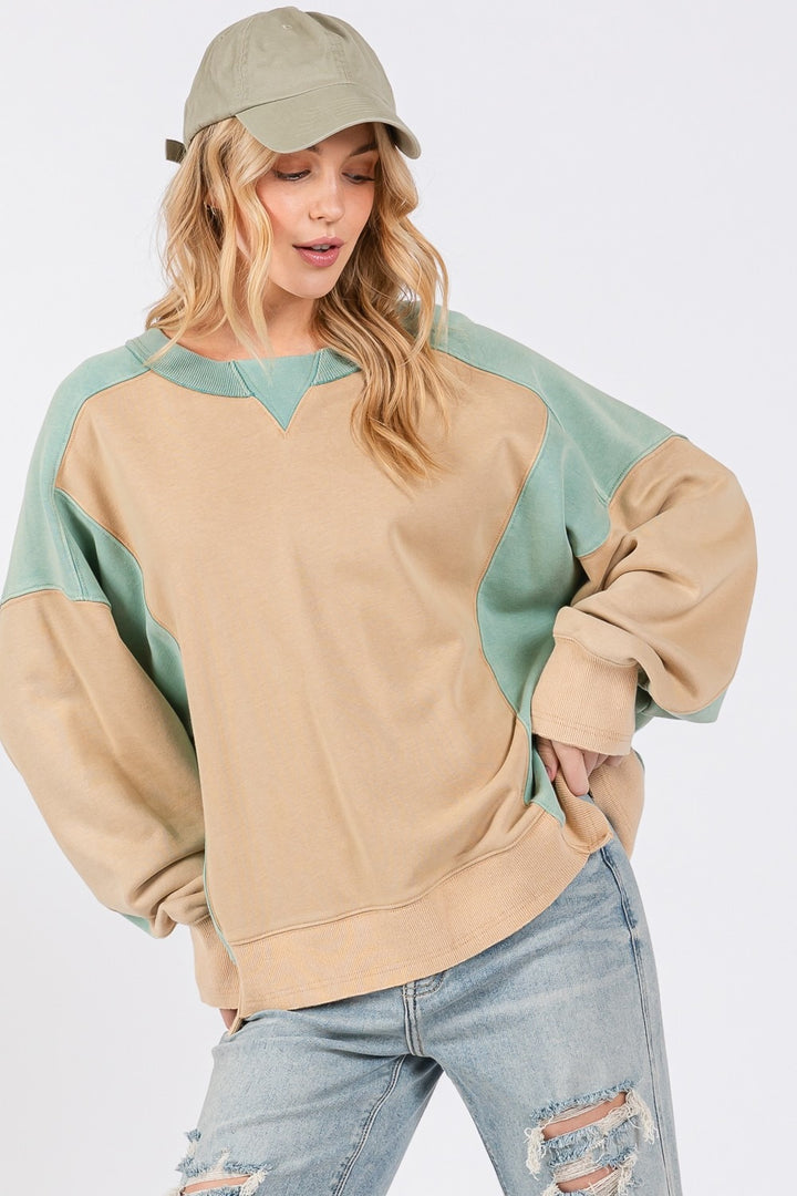 SAGE + FIG Color Block Round Neck Sweatshirt In Cookie