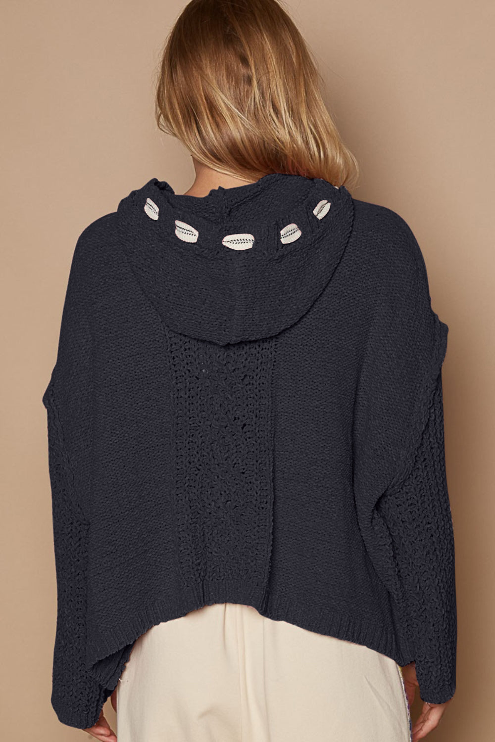 POL Cable Knit Hooded Chenille Sweater In Ghost Grey