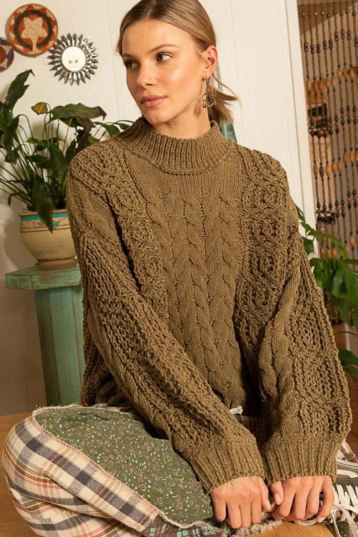 POL Mock Neck Cable Knit Sweater In Dusky Olive