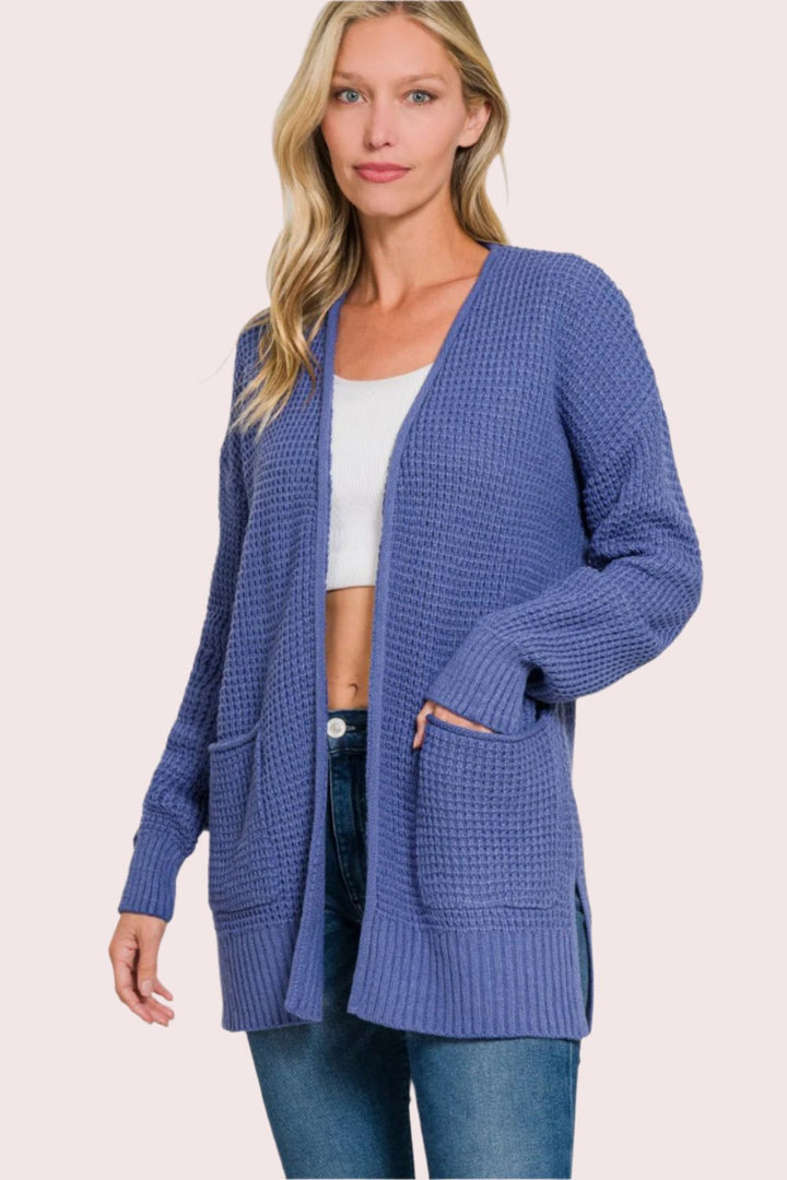 Zenana Waffle Open Front Sweater Cardigan In Marlin