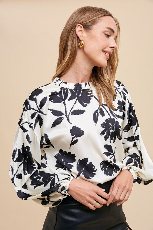 Annie Wear Frill Printed Balloon Sleeve Blouse In White